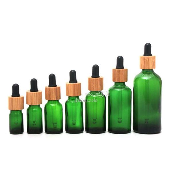 Flacon compte-gouttes en verre vert givré 5ml 10ml 15ml 20lm 30ml 50ml 100ml avec couvercle en bambou, bouteilles d'huile essentielle en bois de 1oz Vcvug