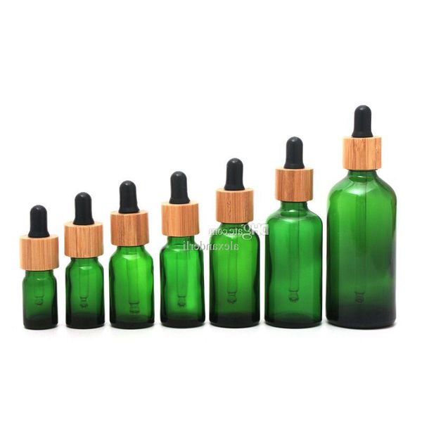 Flacon compte-gouttes en verre vert givré 5 ml 10 ml 15 ml 20lm 30 ml 50 ml 100 ml avec couvercle en bambou bouteilles d'huile essentielle en bois de 1 oz Cnnqw