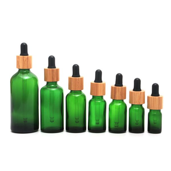 Flacon compte-gouttes en verre vert givré, 5ml, 10ml, 15ml, 20lm, 30ml, 50ml, 100ml, avec couvercle en bambou, bouteilles d'huile essentielle en bois de 1oz