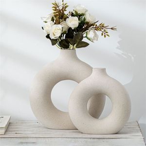 Frosted Particlele Flower Regeling Hollow Round Flower Vaas voor Woondecoratie Meubels Kantoor Woonkamer Decor Art Vazen 211103