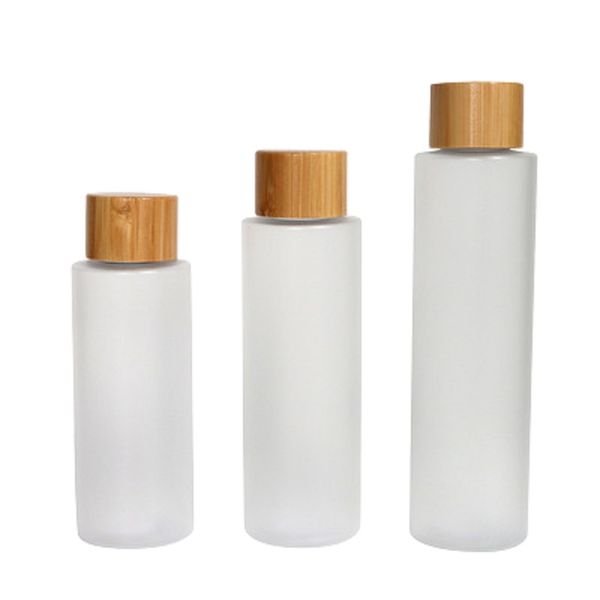 Bouteille en plastique givré Couvercle à vis en bois de bambou à épaule plate pour animaux de compagnie Avec le bouchon intérieur Récipient d'emballage rechargeable cosmétique vide 100 ml 120 ml 150 ml