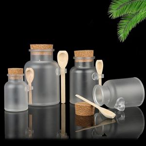 Frosted plastic cosmetische flessen containers met kurk cap en lepel bad zout masker poeder crème verpakking flessen make-up opslag potten