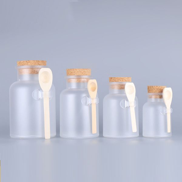 Conteneurs de pots vides cosmétiques en plastique portables givrés avec bouchon en liège et cuillère masque de sel de bain poudre crème bouteilles d'emballage stockage de maquillage