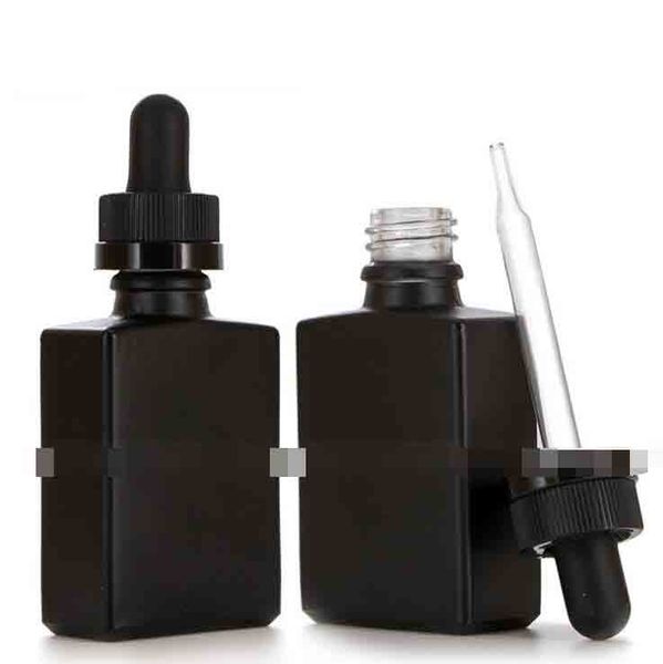 Bouteille en verre ambré carré givré Flacon compte-gouttes en verre mat de 30 ml avec bouchon transparent noir pour huile essentielle de haute qualité