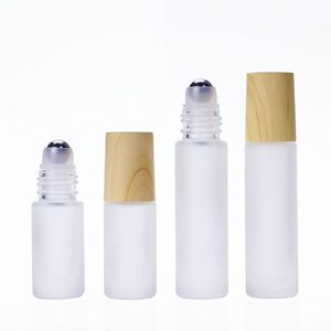 Flacons à roulettes en verre épais givré avec capuchon en grain de bois 5ML 10ML Conteneurs de flacons rechargeables pour huiles essentielles, aromathérapie, parfum, baume à lèvres