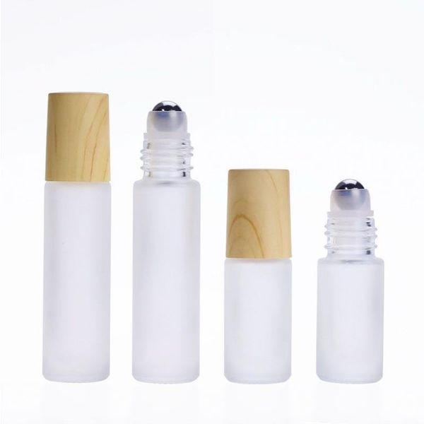 Flacons à roulettes en verre épais givré avec bouchon en grain de bois, flacons rechargeables de 5 ml et 10 ml pour huiles essentielles, aromathérapie, parfum, lèvres Tjui