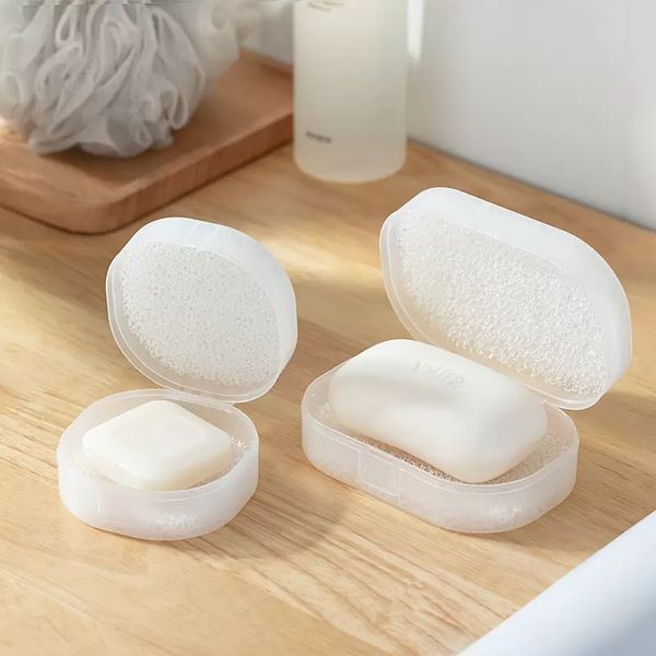 Porte-savons transparent givré avec couvercle boîte à savon portable avec éponge absorbante pour vidanger les voyages