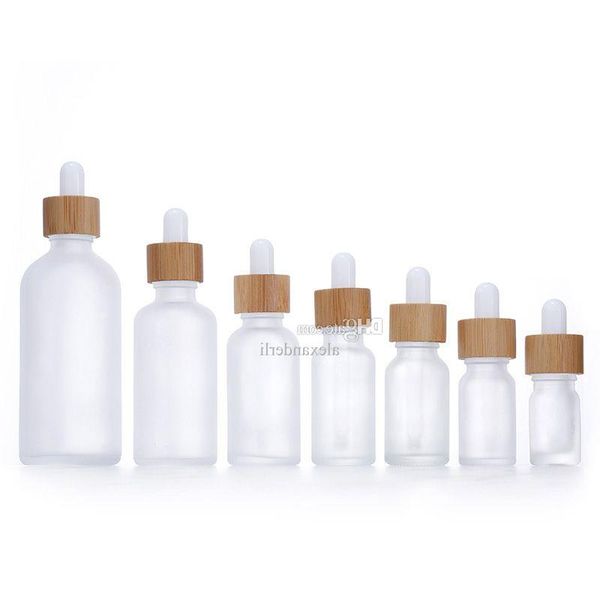 Botella cuentagotas de vidrio blanco esmerilado 10 ml 15 ml 20 ml 30 ml 50 ml con tapa de bambú Botellas de aceite esencial de madera de 1 oz Bsooh