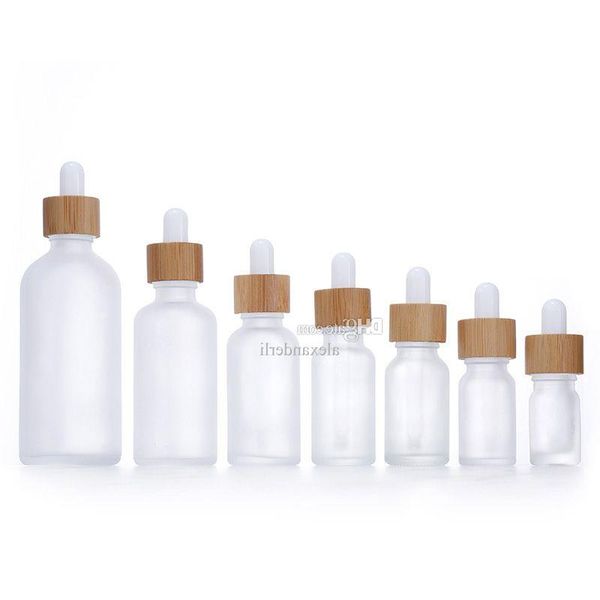 Botella de cuentagotas de vidrio blanco esmerilado 10ml 15ml 20ml 30ml 50ml con tapa de bambú 1 oz botellas de aceite esencial de madera egjvb