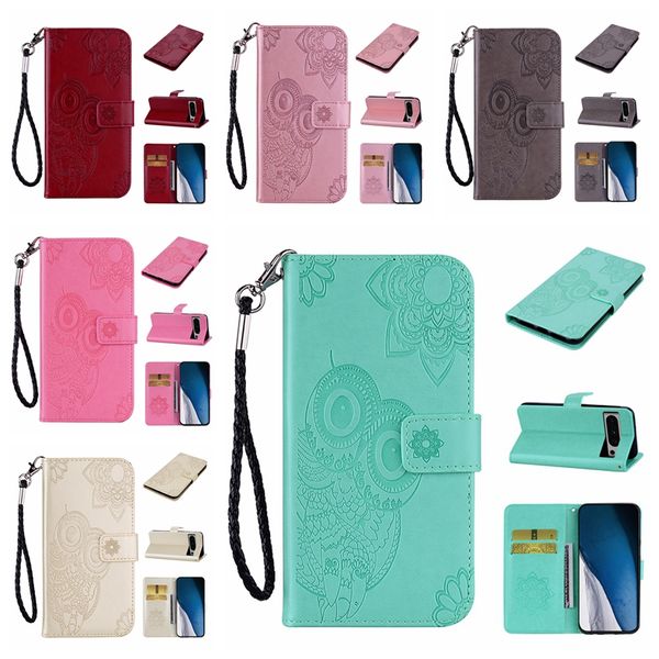 Estuches de billetera de cuero para Iphone 15 Plus Pro Max Samsung A34 A54 5G A24 4G Google Pixel 8 7 7A Moda Búho Estampado de flores Encaje Titular de la tarjeta Flip Cover Night Bird Bolsa Correa