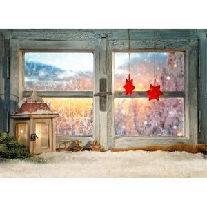 Toile de fond de fenêtre en bois gelée pour la photographie Étoiles rouges à l'extérieur Paysage d'hiver Lanterne vintage Plancher recouvert de neige Bokeh Fond de photo