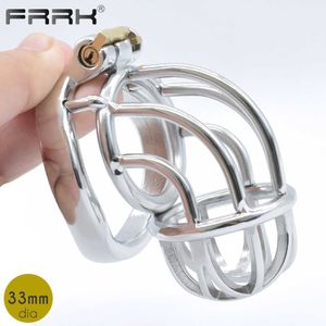 FRRK Curve Chastity Cage Device Water Tap Cell Mate Pene Rings Male Bird Lock Metal Cock Belt Bondage Juguetes sexuales para juegos BDSM S0824