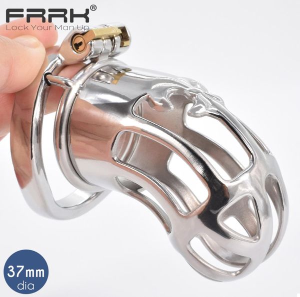 FRRK Dispositivo de castidad masculina grande CAPA METAL Bondage Bondage Scrotum Groove Lock Pene Anillos de fetiche Lockable Sexy Toys for Men9859441