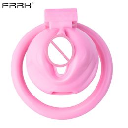 FRRK Jaula de castidad de plástico duro rosa Dispositivo de bloqueo pequeño Diseño de forma de coño Anillos de pene con bloqueo de pene masculino Juguetes sexuales para hombre 240312
