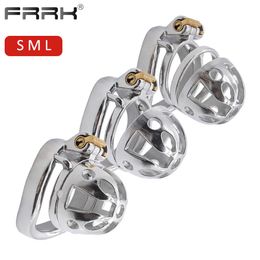 FRRK Sissy Chastity Cage Ultra Pequeño Auténtico Dispositivo de Polla de Metal Acero Bird Lock Anillos de Pene Grandes BDSM Bondage Juguetes Sexuales para CBT S0825