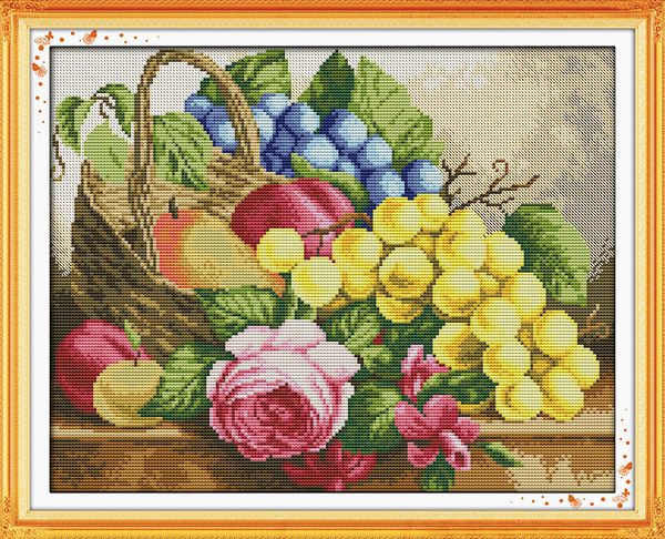 Pinturas de decoración de flores de cesta de frutas, juegos de costura de bordado de punto de cruz hechos a mano impresión contada en lienzo DMC 14CT/11CT