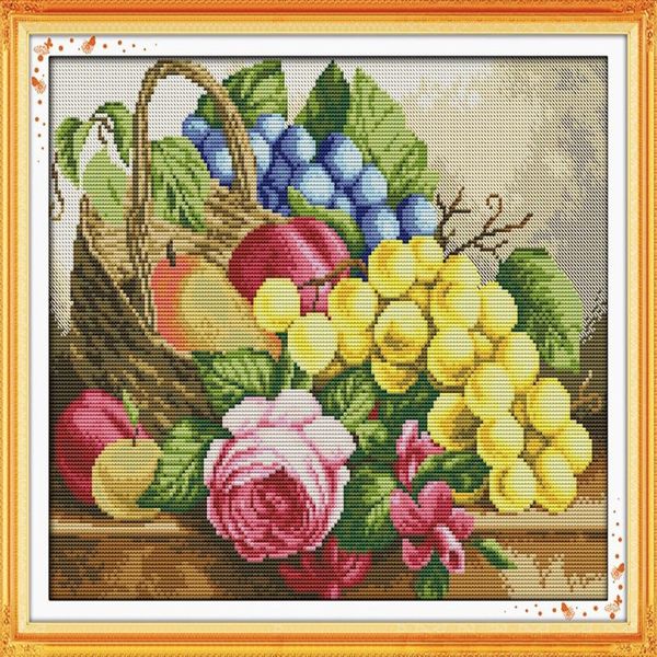 Cesta de frutas, pinturas decorativas de flores, bordado de punto de cruz hecho a mano, juegos de costura, impresión contada en lienzo DMC 14CT 11CT219S
