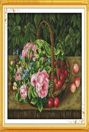 Panier de fruits fleurs cerises, peintures de décoration de maison, ensembles de broderie au point de croix faits à la main, imprimés comptés sur toile DMC 14C9848472