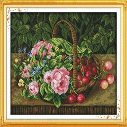Fruitmand bloemen Cherry home decor schilderijen Handgemaakte Kruissteek Borduren Handwerken sets geteld print op canvas DMC 14C235C