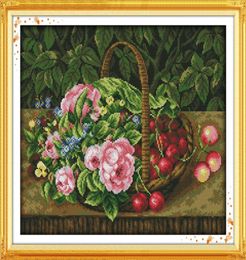 Fruitmand bloemen Cherry Home Decor schilderijen Handgemaakte Cross Stitch borduurwerk naslagen sets geteld afdrukken op canvas DMC 14C4474478