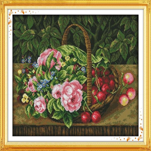 Cesta de frutas, flores, cereza, pinturas decorativas para el hogar, bordado de punto de cruz hecho a mano, juegos de costura, impresión contada en lienzo DMC 14C273F
