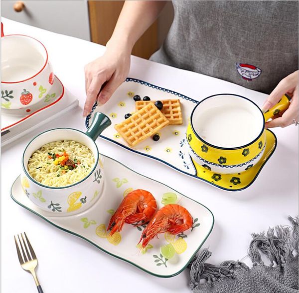 Tigela de café da manhã em cerâmica para frutas Conjuntos de talheres rede vermelha conjunto de comida para uma pessoa criativo pintado à mão tigelas com cabo colorido