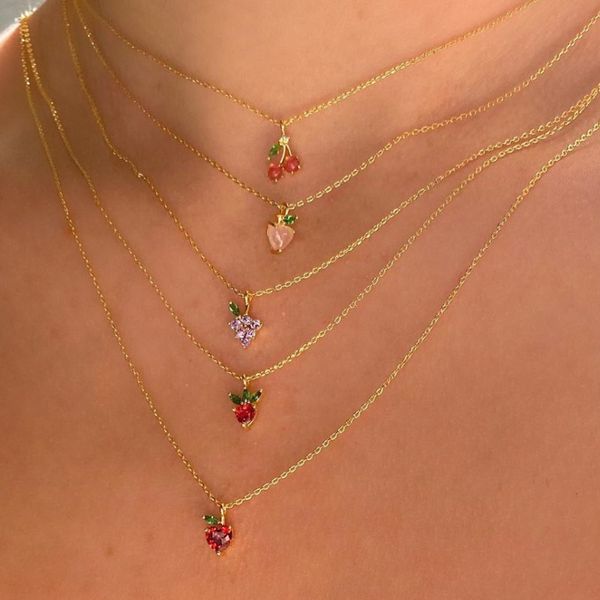 Fruit Collier Ras Du Cou Zircon Cubique CZ Citron Cerise Orange Pomme Bling Femmes Mode Plaqué Or 18K De Luxe Glacé Pendentif Collier Bijoux