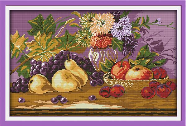 Pinturas de decoración de aceite de cesta de fiesta de fruta, juegos de agujas de bordado de punto cruzado hecho a mano con impresión contada en lienzo DMC 14CT /11CT