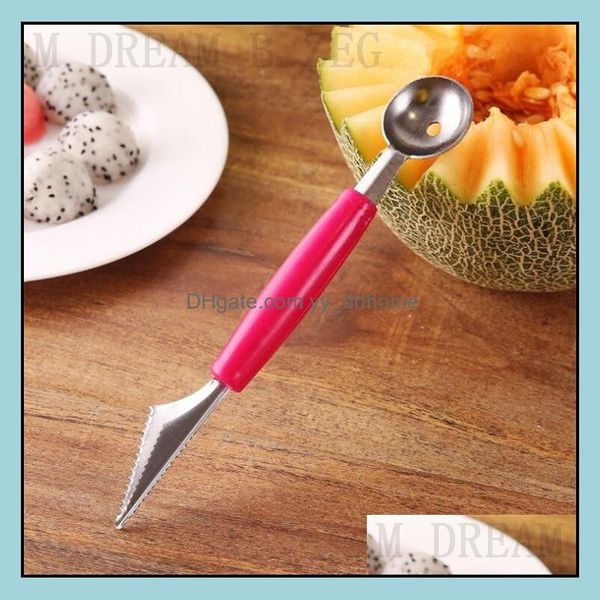 Fruits Légumes Outils 2 En 1 Cuillère À Boules De Fruits Dualhead Couteau À Découper En Acier Inoxydable Pastèque Scoop Digger Melon Baller Ice Crea Dhx3J