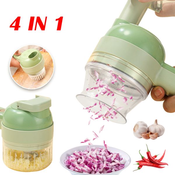 Herramientas de vegetales de frutas 4 en 1 Cortador de vegetales eléctrico multifuncional Cortador de ajo Máquina trituradora de barro Chopper Food Slice Prssing Mixer Carga USB 230714