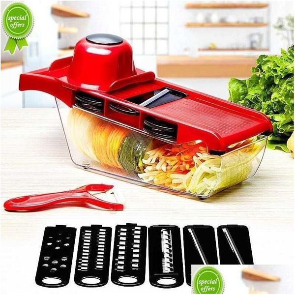 Herramientas de frutas y verduras Cuchillo con mango Cortador de patatas Hoja de acero Mandolina Slicer Peeler Zanahoria Rallador Contenedor Accesorios de cocina D Otbiq