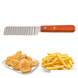 Fruits Légumes Outils Chips Slicer Français Fries Cutter Couteau En Acier Inoxydable Manche En Bois Coupe Ondulée Gadgets De Cuisine Lx5146 Dhg1C