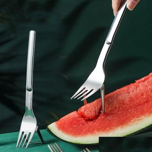 Fruitgroentegereedschap roestvrijstalen watermeloen gesneden draagbare vork snijden mes huishouden keuken mtifunctionele gadgets lx5036 dr dhuep