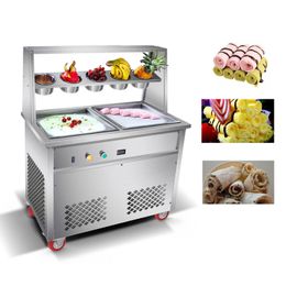 Máquina para hacer helado frito Tailandia, máquina de rollo de helado de yogur frito, máquina de hielo frito de doble sartén de acero inoxidable