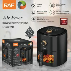 Friteuse European Standard Visual Air Fryer SmokeFree Multifunctioneel huishoudelijk huishouden Largecapacity Fries Machine Multifunction 6l