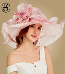FS 2019 Pink Kentucky Derby Hat For Women Organza Sun Hats Fleurs élégante été grande largeurpied dames fedoras Fedoras Y28397493