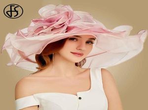 FS 2019 Pink Kentucky Derby Hat For Women Organza Sun Hats Fleurs élégante été grande largeur les femmes de mariage Fedoras Y23396924