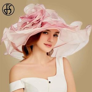 FS 2019 Pink Kentucky Derby Hat para mujer Organza Sun Hats Flowers Elegant Summer Large Wide Brim Ladies Wedding Church Fedoras Y2228a