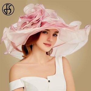 FS 2019 Pink Kentucky Derby Hat para mujer Organza Sun Hats Flowers Elegant Summer Large Wide Brim Ladies Wedding Church Fedoras Y2293Q