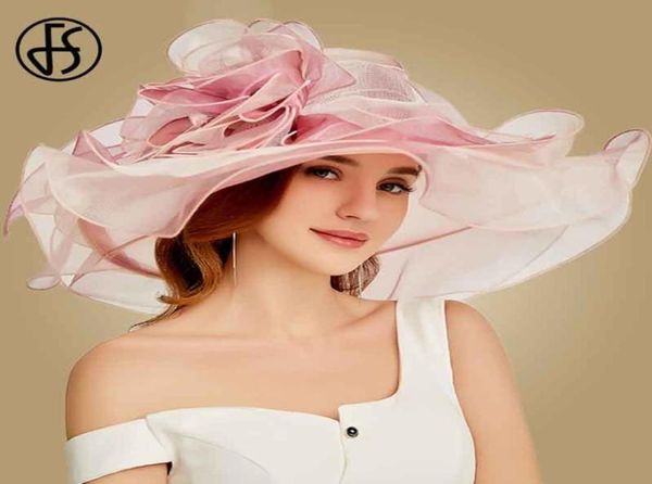FS 2019 Pink Kentucky Derby Hat For Women Organza Sun Hats Fleurs élégante été grande largeur les femmes de mariage Fedoras Y23396924