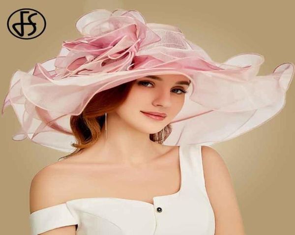 FS 2019 Pink Kentucky Derby Hat For Women Organza Sun Hats Fleurs élégante été grande largeur les femmes de mariage Fedoras Y26138514