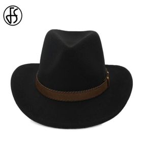 FS 2020 Ladies Winter Cotton Noir vintage Feel Fed Fedora Hat pour hommes Wide Brim Cowboy Style avec ceinture de cuir Cap2826374