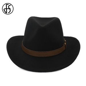 FS 2020 dames hiver coton noir Vintage Trible feutre Fedora chapeau pour hommes à large bord Style Cowboy avec ceinture en cuir Jazz Cap281w