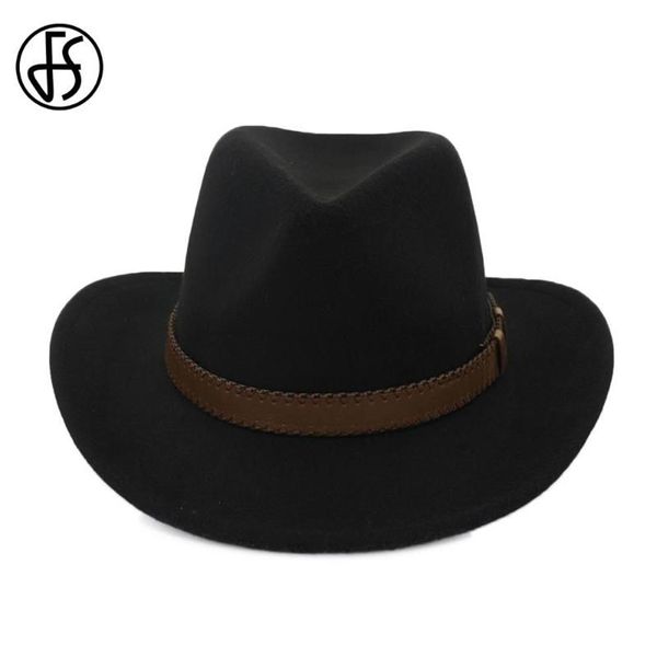 FS 2020 dames hiver coton noir Vintage Trible feutre Fedora chapeau pour hommes à large bord Style Cowboy avec ceinture en cuir Jazz Cap271H