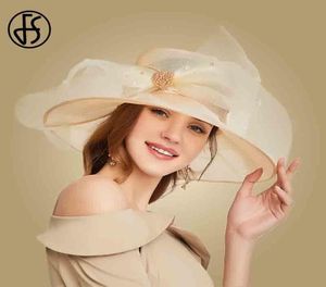 FS Beige blanc Organza large bord soleil chapeaux pour femmes été église chapeaux femmes élégant Kentucky Derby chapeau dames grand arc Fedora CX203476637