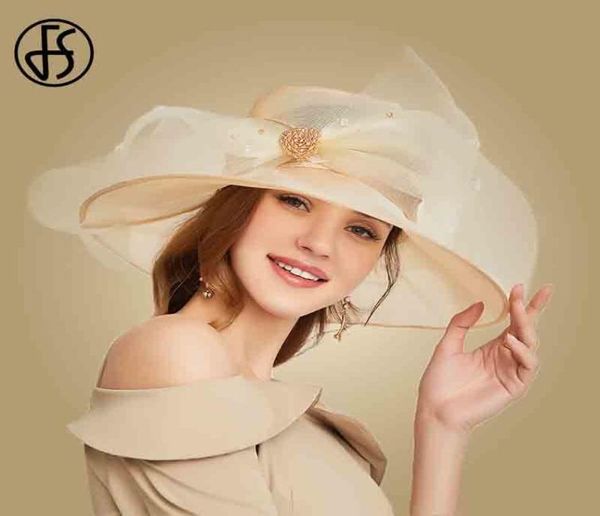 FS Beige Blanco Organza Sombreros de sol de ala ancha para mujer Sombreros para la misa de verano Mujeres Elegante Sombrero Kentucky Derby Señoras Big Bow Fedora CX208540949