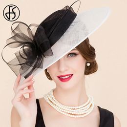 FS Sombreros de fascinador de mosaico en blanco y negro para la iglesia de boda Sombreros Sinamay con sombrero de bownot Fedora Tea Party 240412