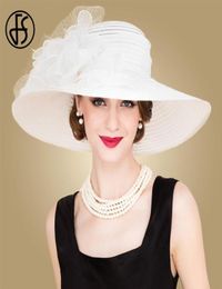 FS Zwart Witte Elegante vrouwen Kerkhoeden voor dames zomerbloemen Large Bim Organza Hat Beach Sun Kentucky Derby Hat Fedora CX209831475