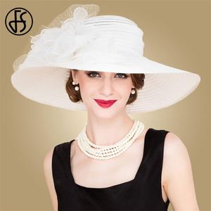 FS negro blanco elegante mujer Iglesia sombreros para damas flores de verano ala grande Organza sombrero playa sol Kentucky Derby sombrero Fedora CX20305n