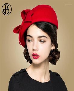 FS Elegant 100 Wool Felt Fedora Blanc Black Black Ladies Red Chaps Red Fascinateurs de mariage Femmes Bowknot Berets Caps Pillbox Hat Chapeau12963744130